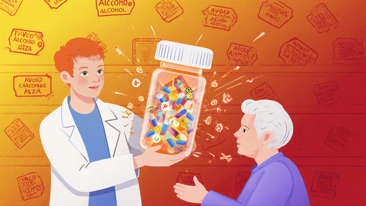 A pharmacist handing a prescription as alcohol molecules collide with pills inside, triggering warning symbols.