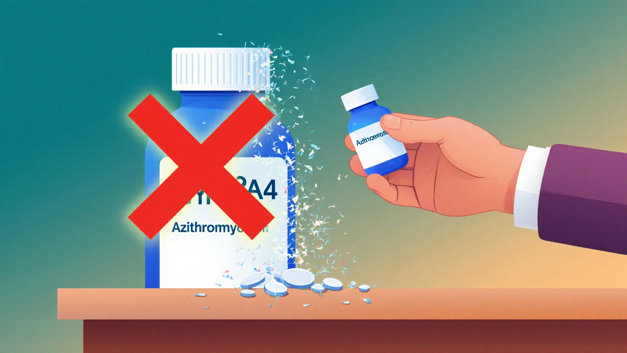 A pharmacist offering azithromycin instead of clarithromycin, with a red X over the risky antibiotic.