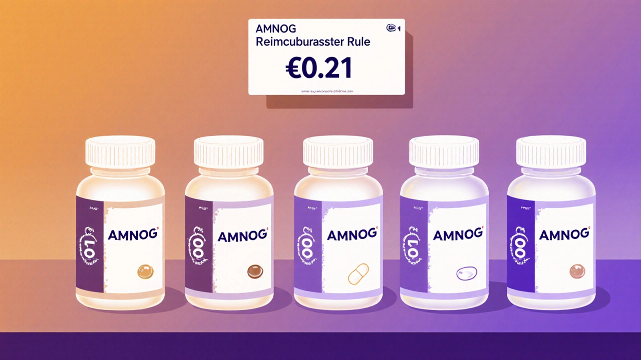 A pharmacy shelf in Germany with identical generic pills priced at €0.21, highlighting the lowest-priced item glowing brighter.