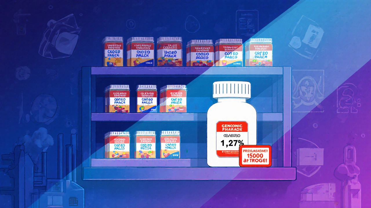 A pharmacy shelf with mostly empty spaces and one glowing pill bottle with a skyrocketing price tag.