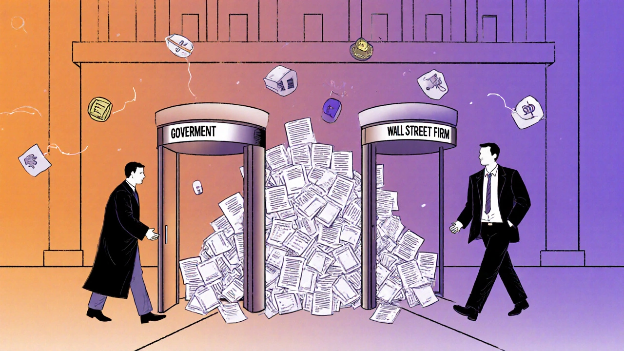 A revolving door connecting government and Wall Street, with public complaints ignored behind it.