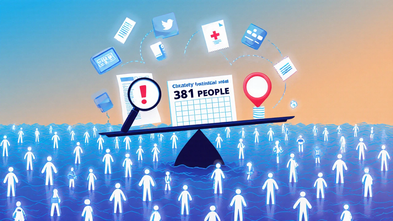 A scale balancing small clinical trial data against a vast ocean of real-world patient reports, with glowing icons.