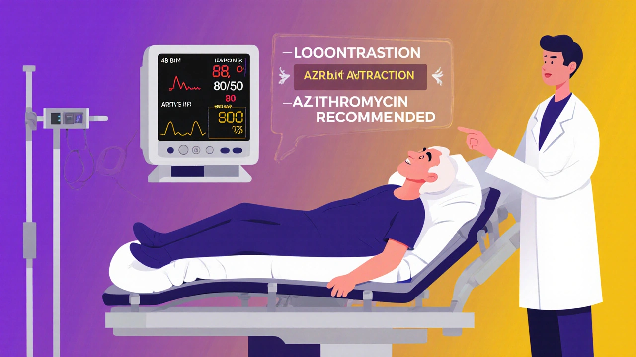 A senior patient in the ER with critically low blood pressure and heart rate, while a doctor sees a drug interaction alert.