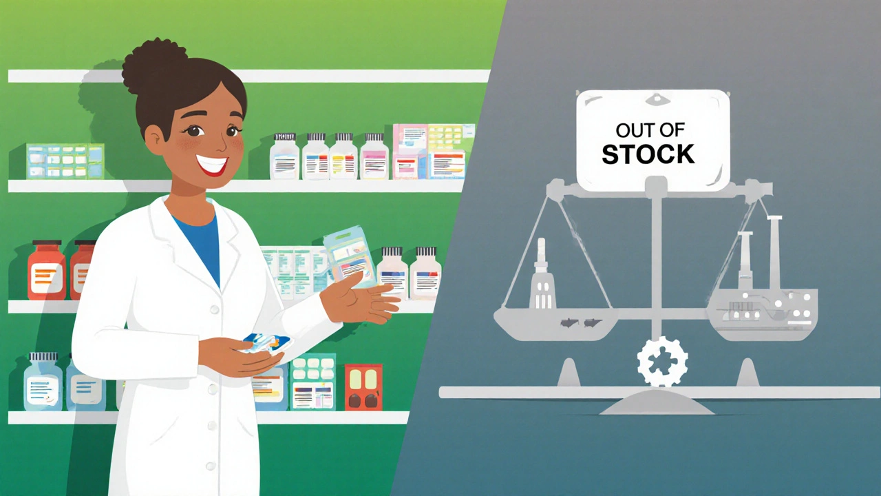 A split image: a pharmacist giving a patient medicine on one side, an empty shelf on the other, showing the impact of low pricing.