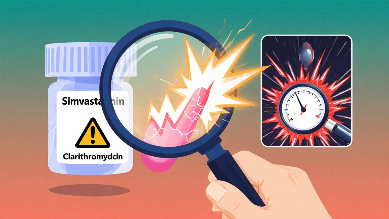 A statin molecule spiking in size next to an antibiotic, with a blood pressure gauge crashing due to a dangerous drug combo.