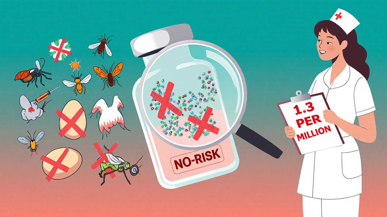 A vaccine vial with safe ingredients inside and outdated allergens marked with X&#039;s outside.