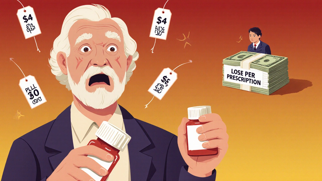 An elderly person holding a pill bottle as price tags jump from  to  around them.