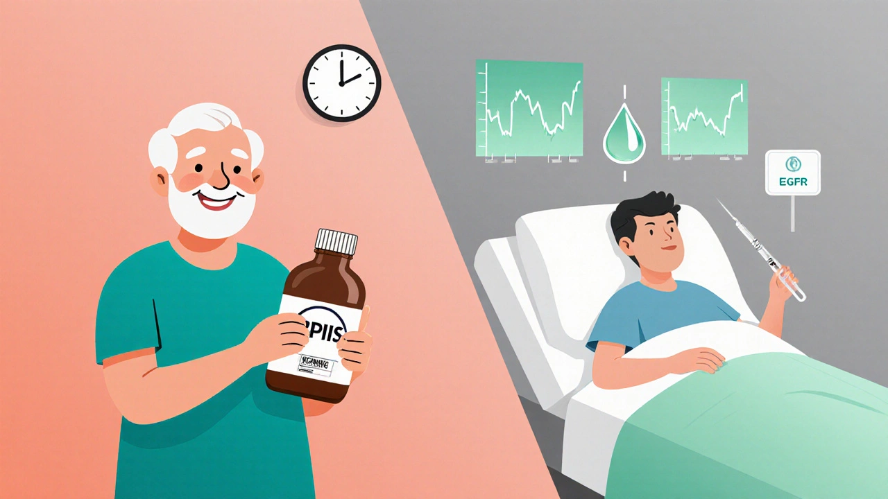 An elderly person holding PPIs on one side, same person in hospital with biopsy needle on the other, in gradient colors.