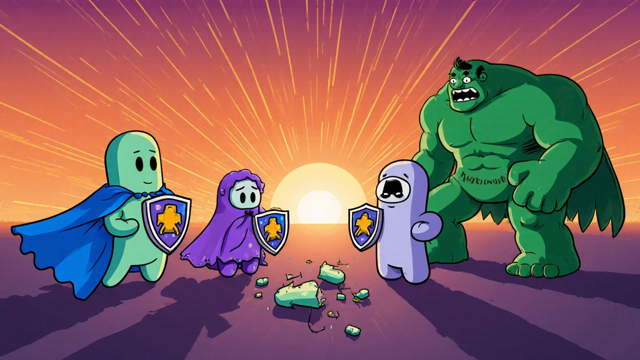 Antibiotic superheroes fighting cute bacteria monsters, with defeated C. diff villain in gradient background.