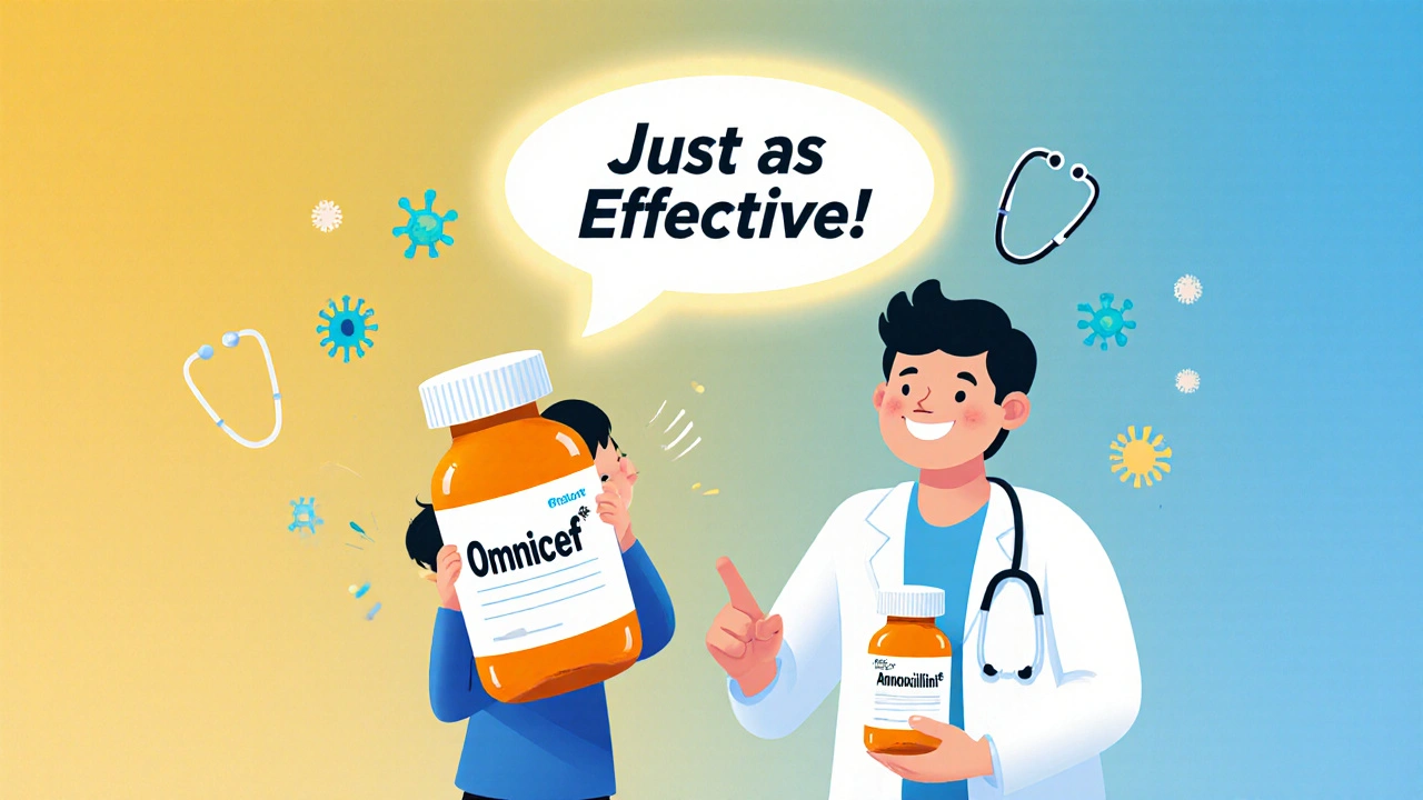 Child and adult holding different antibiotic bottles, with doctor pointing to &#039;Just as Effective!&#039; sign.