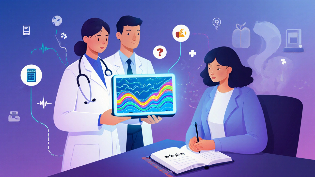 Doctor and pharmacist reviewing real-time patient data on a tablet, while a patient journals symptoms in a clinic.
