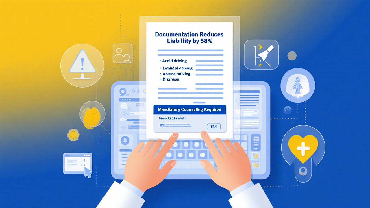 Doctor documenting specific warnings in EHR system with legal compliance alert floating above.