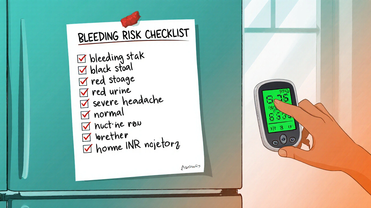 Fridge with bleeding risk checklist and home INR monitor, soft morning light.