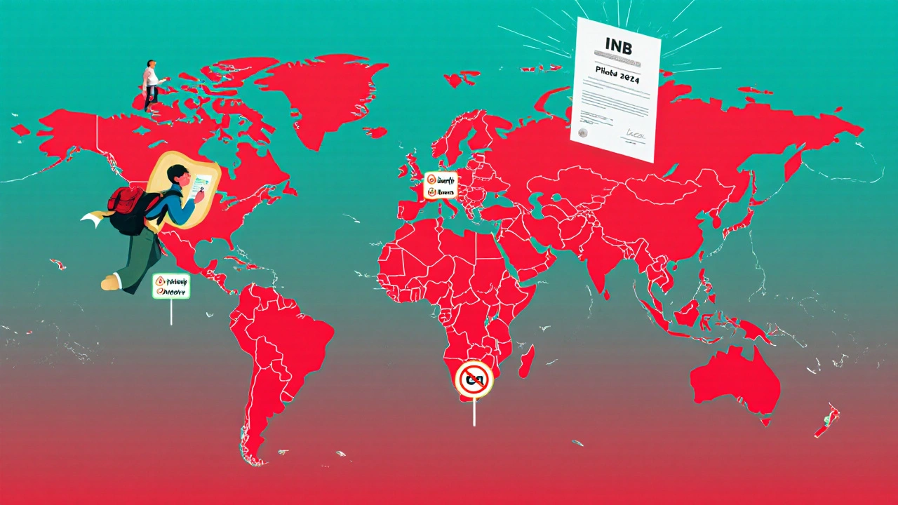 Global map showing restricted countries in red, safe zones in green, with a traveler protected by a doctor’s letter shield.