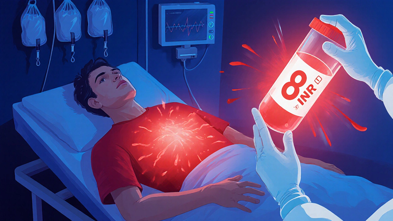 Patient in ER with glowing INR reading of 8.7, blood-red gradients spreading from body.