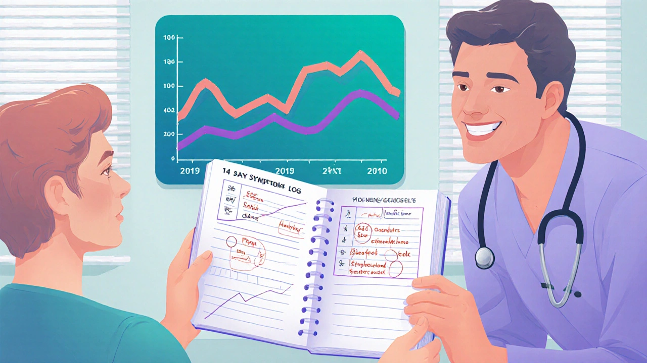 Patient showing a 14-day symptom log to a doctor in a bright clinic room.