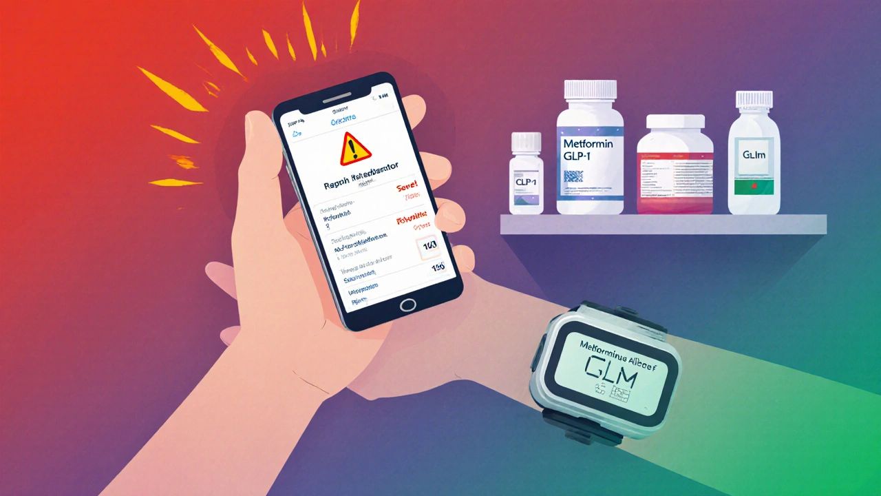 Patient with CGM alert and phone reminder, safer diabetes pills on shelf in gradient style.