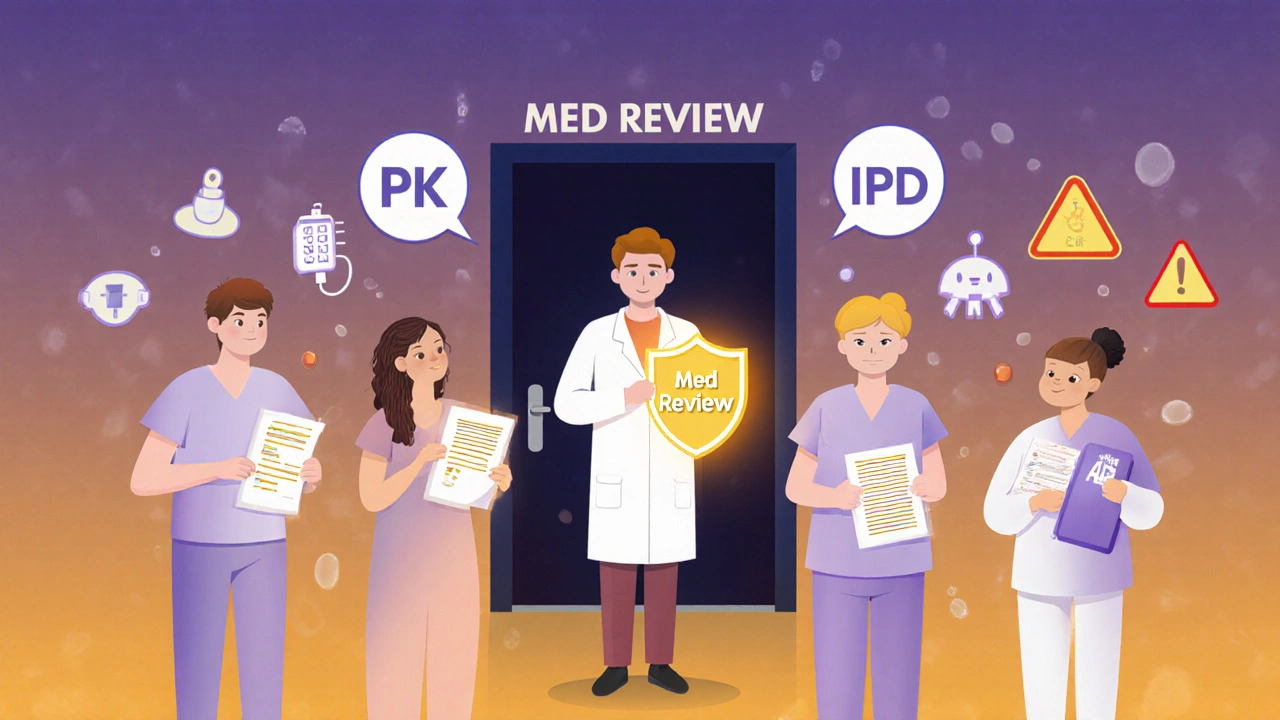 Patients with medication lists and AI alerts, watched over by a pharmacist holding a shield labeled &#039;Med Review&#039;.