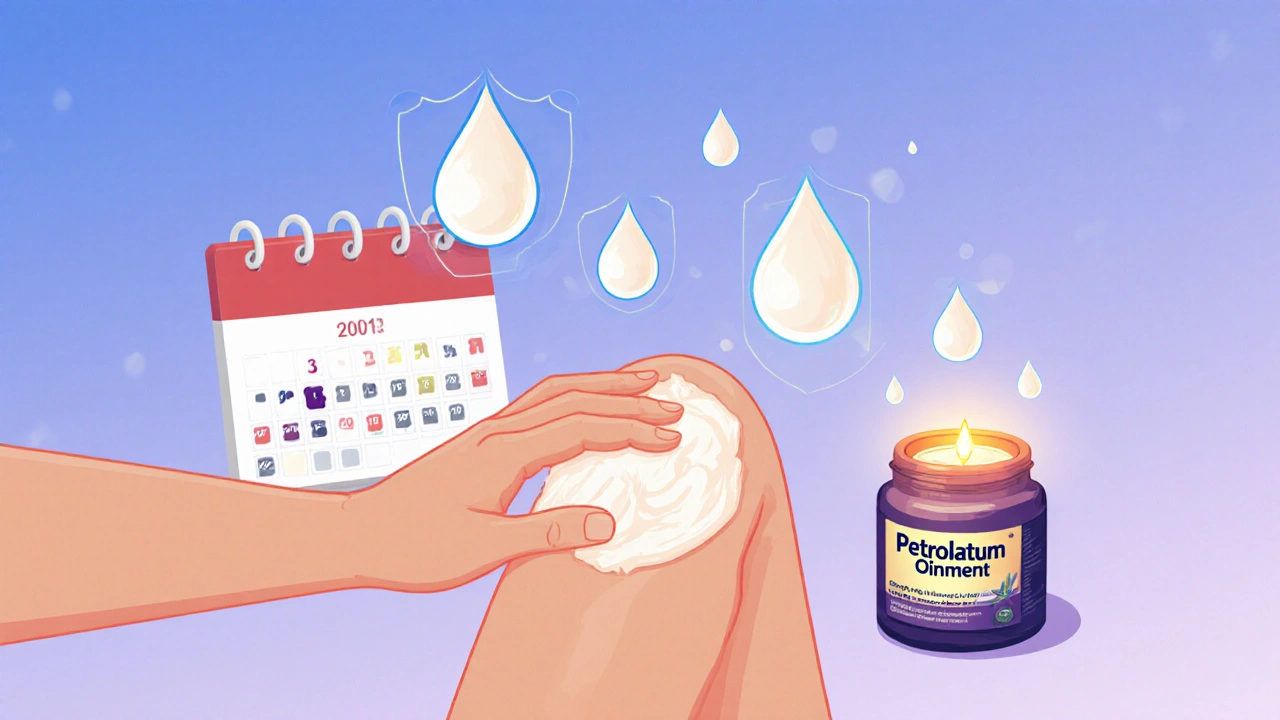 Person gently applying moisturizer to knee, with floating protective droplets and a glowing ointment jar.
