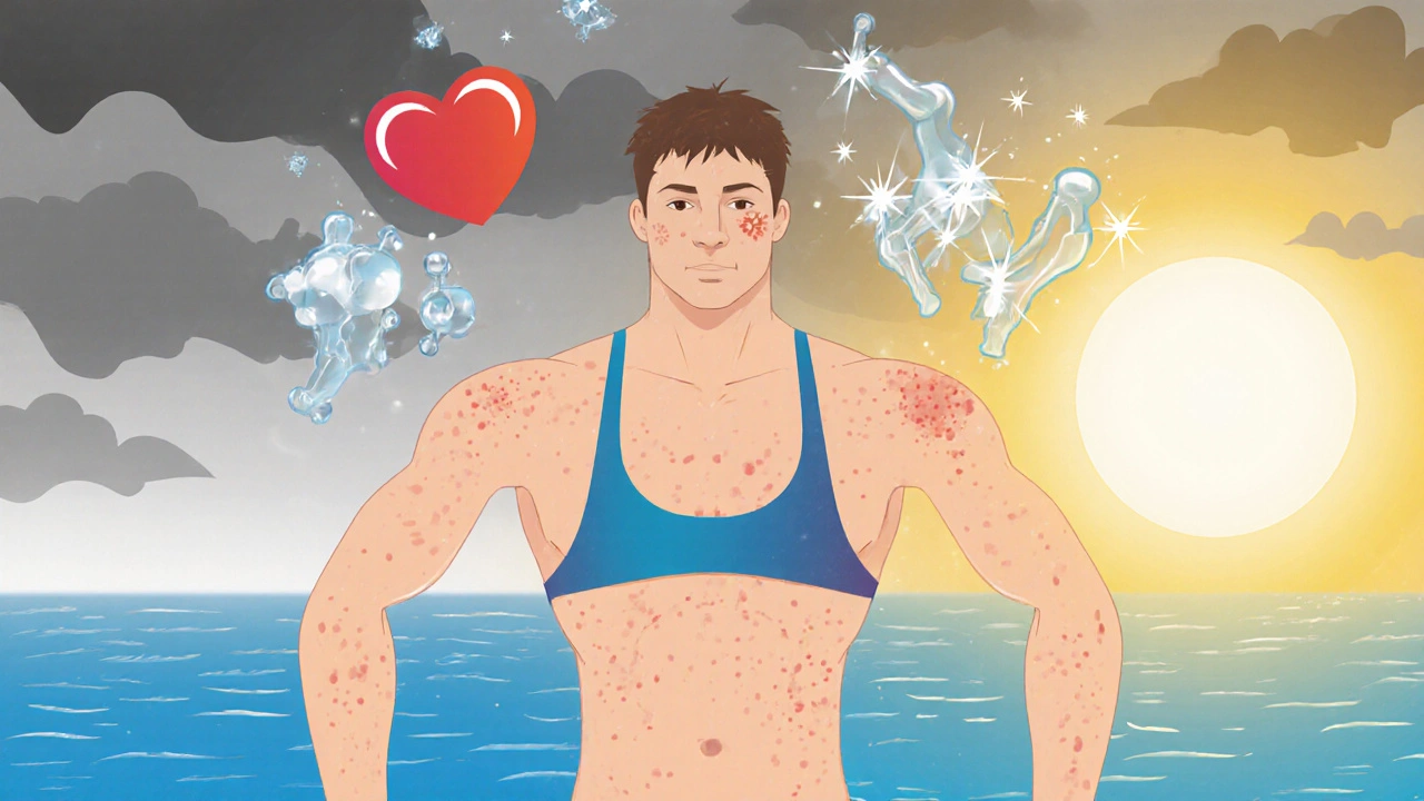 Person in swimsuit with clear skin, biologic molecules neutralizing inflammation, heart and joint icons shining.
