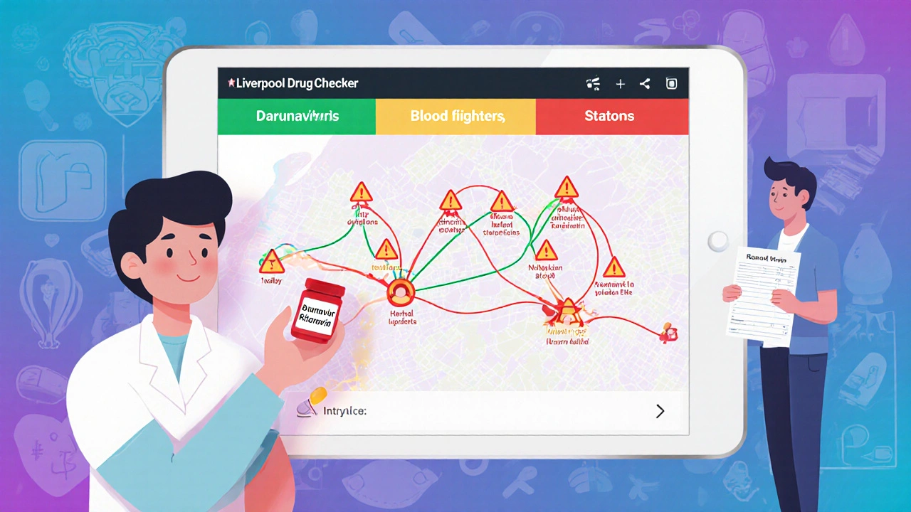 Pharmacist showing a drug interaction map with a checker app, highlighting red, yellow, and green zones for medication safety.