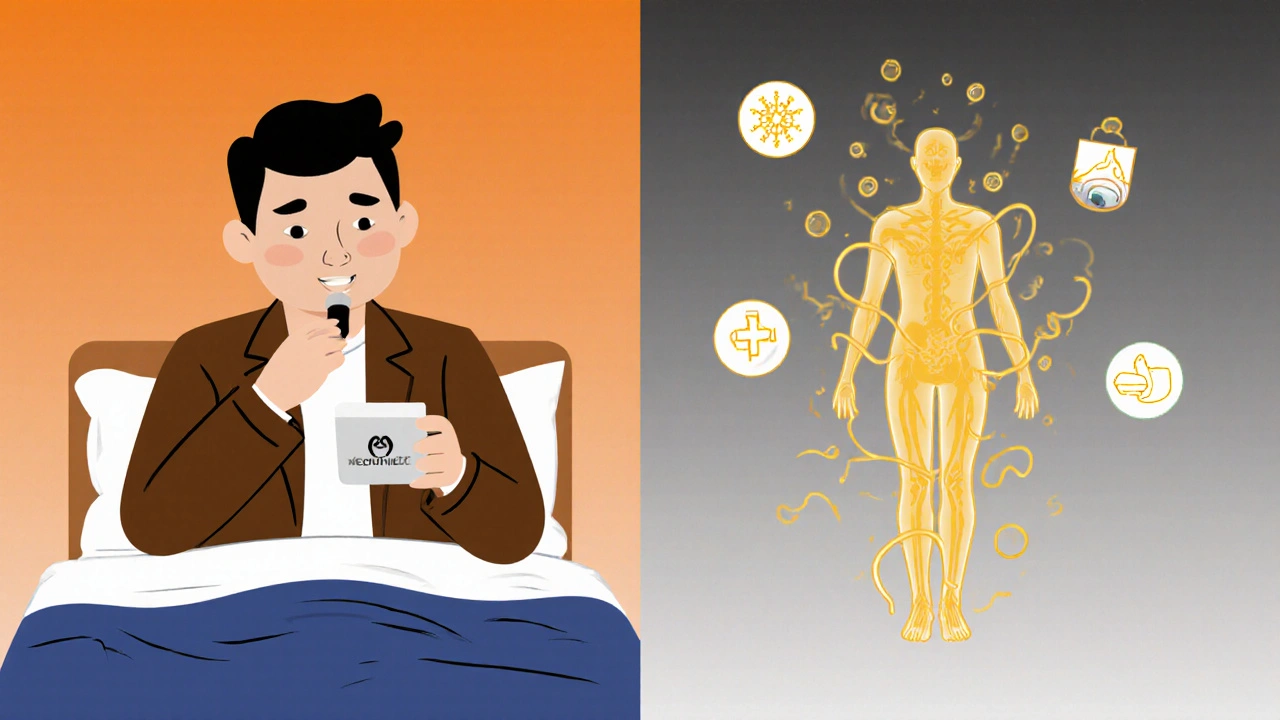 Shift worker taking pill at night with insulin spikes and vanishing glucose, stylized illustration.