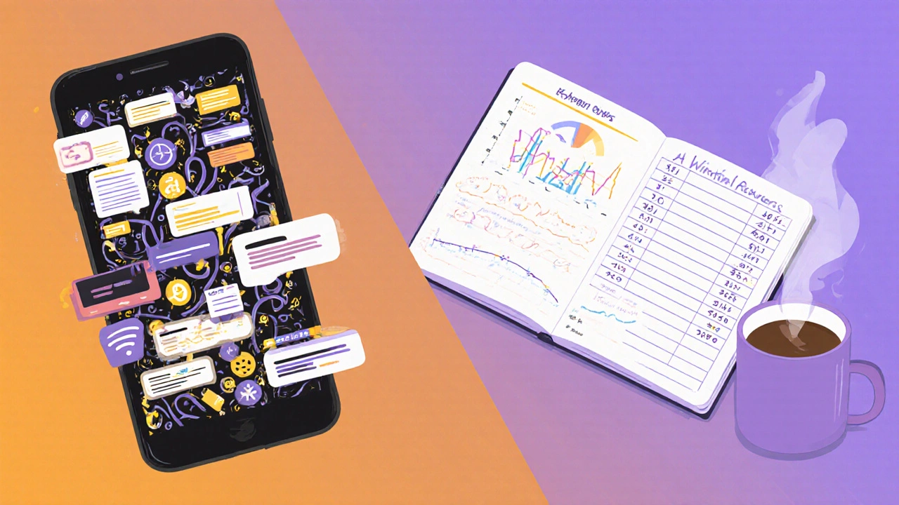 Side-by-side comparison of a cluttered health app and a simple paper journal.