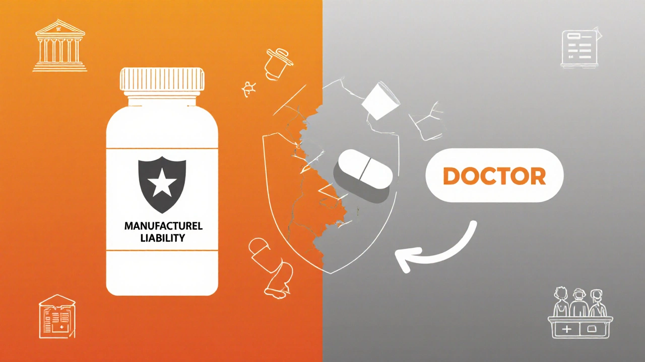 Split image: brand-name drug with shield vs. generic with cracked shield pointing to doctor&#039;s name.