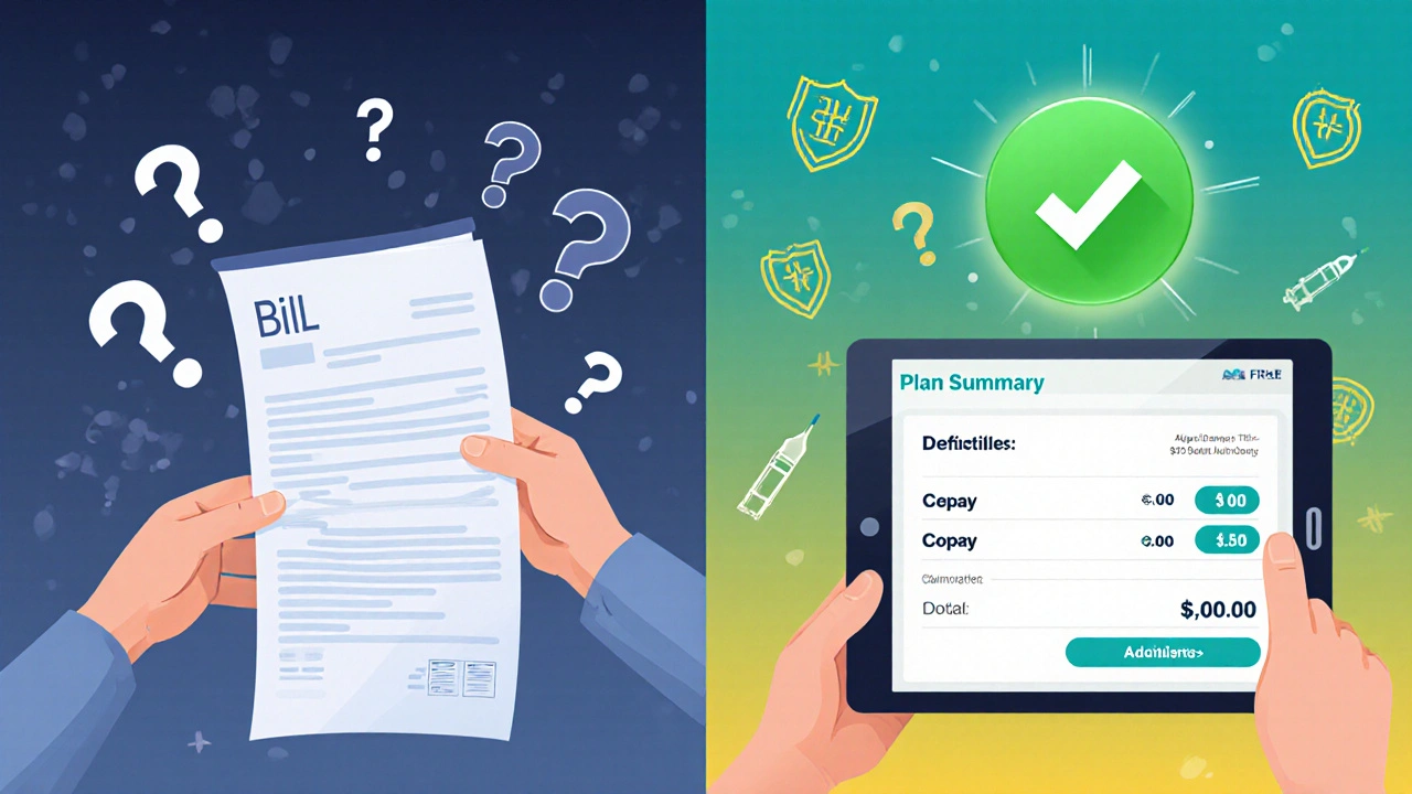 Split scene: confused person with bill vs. confident person with clear insurance plan on tablet.