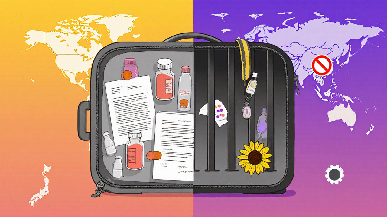 Split scene: organized meds vs confiscated pills, sunflower lanyard visible, global restriction icons in background