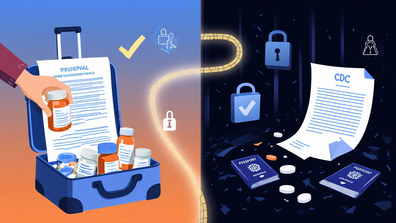 Split scene: safe packing with original bottles vs. detention cell with confiscated meds, connected by a glowing path.