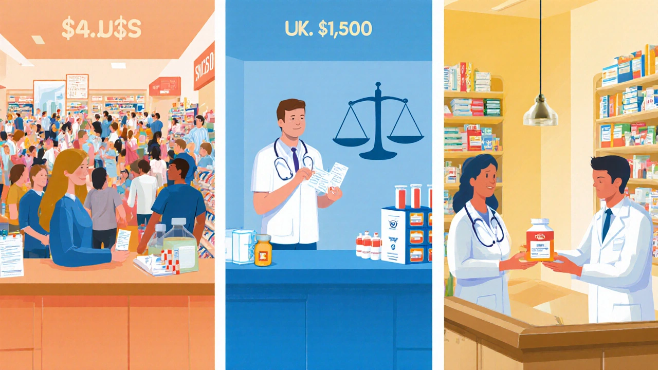 Three pharmacy counters in the U.S., UK, and Switzerland showing starkly different generic drug prices and policies.