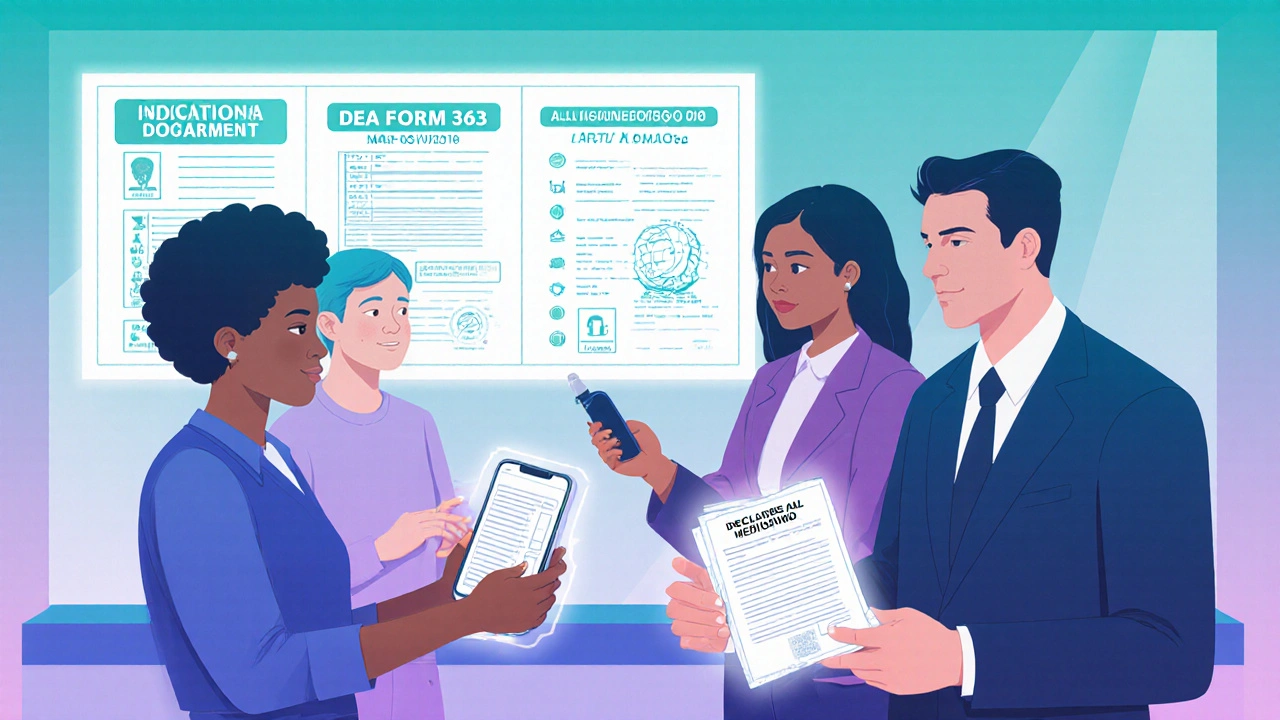 Travelers receiving translated documents at embassy, insulin pump and INCB database visible, calm gradient tones