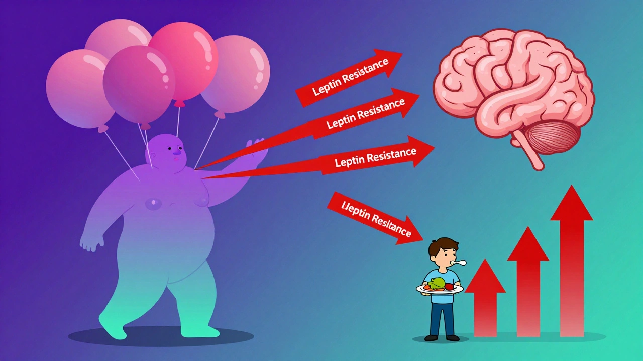 A body with expanding fat cells and broken leptin signals, illustrating metabolic resistance in gradient tones.