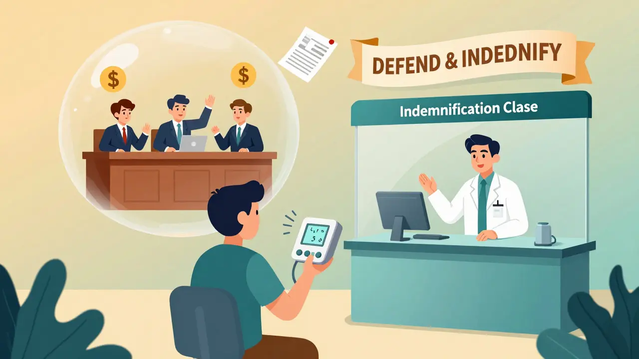 A clinic and vendor separated by a clause wall, with lawyers fighting in a bubble above as legal symbols float nearby.