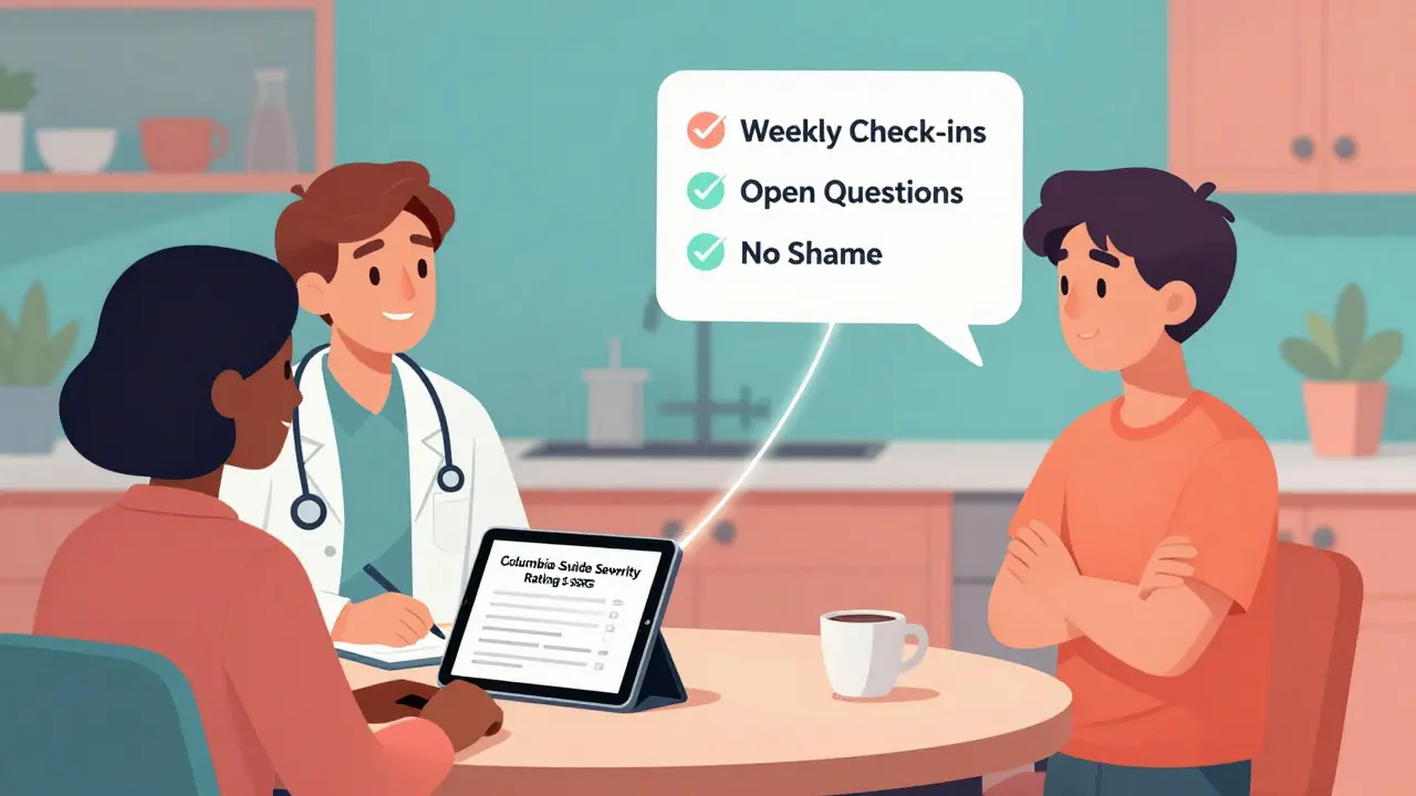 A doctor and parent review a suicide risk scale at the kitchen table while a teen stands nearby, connected by supportive glowing lines.