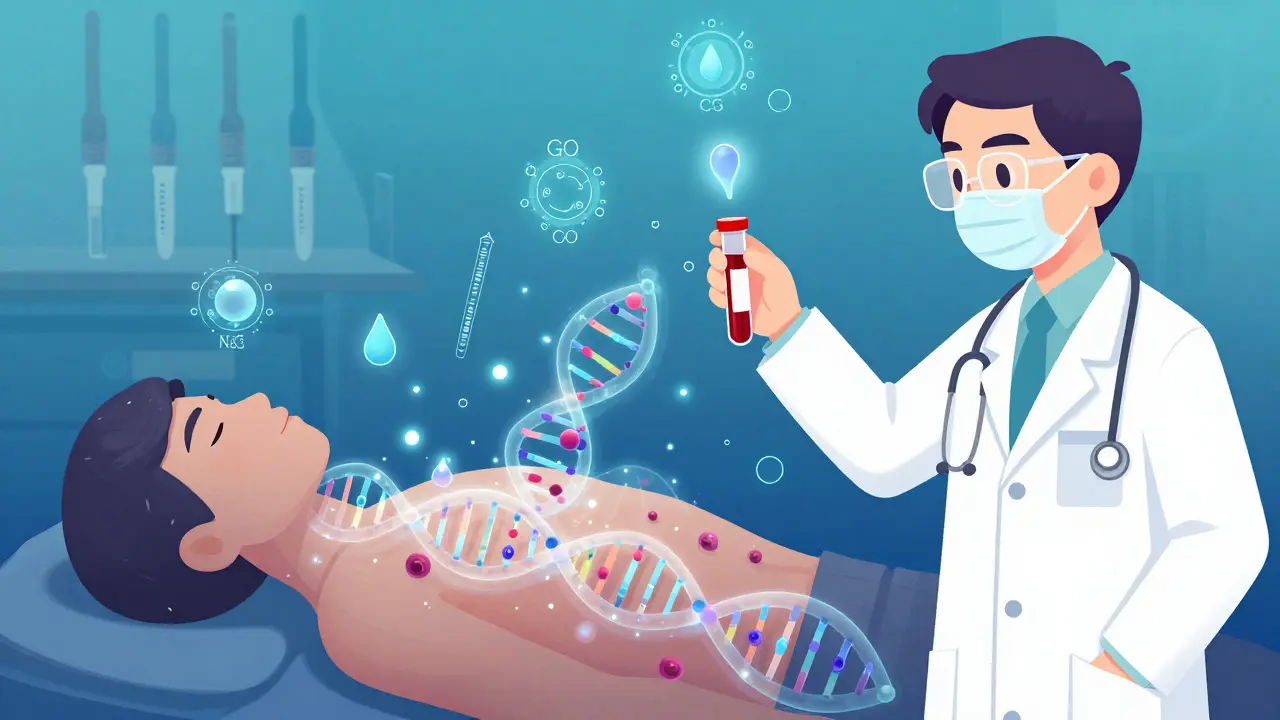 A doctor holding blood, with cancer DNA fragments glowing across a patient's body, replacing invasive biopsy tools in a gradient cartoon style.