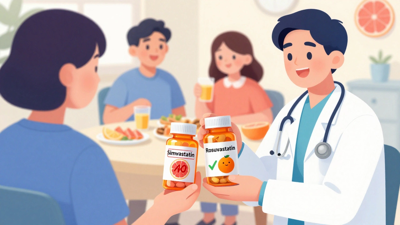 A doctor offering safer statin options, with grapefruit banned and oranges welcomed, in a hopeful medical scene.
