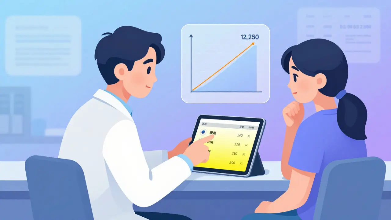 A doctor shows a patient real-time drug pricing on a tablet, helping them choose an affordable generic option.