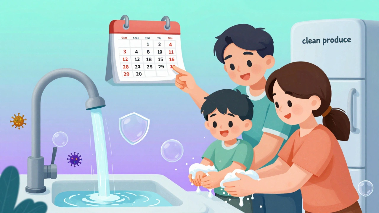 A family washing hands with soap bubbles blocking viruses, near a fridge and vaccine calendar in soft gradients.
