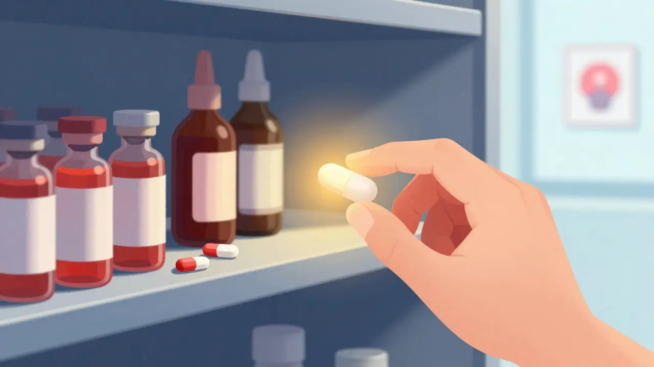 A hand hesitates over expired medicines, with only one safe pill glowing warmly as an ER sign glows in the distance.