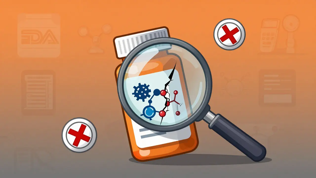 A magnifying glass revealing hidden dangers inside a generic pill bottle: cancer symbols and shredded documents.