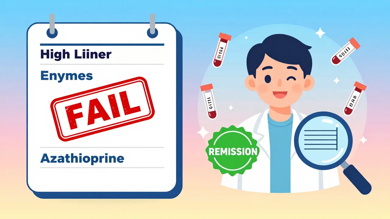 A medical chart split between failed azathioprine treatment and successful LDAA therapy with glowing lab results.