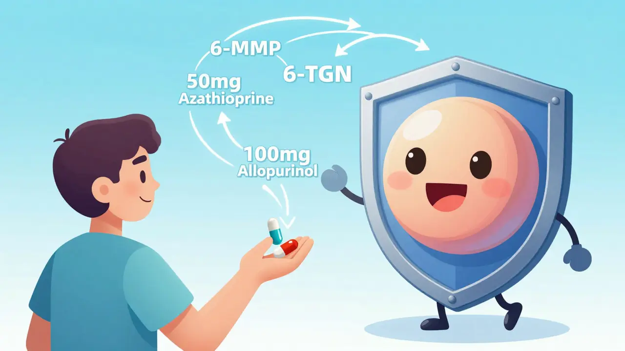 A patient receiving low-dose azathioprine and allopurinol pills with a blocked enzyme redirecting metabolites.