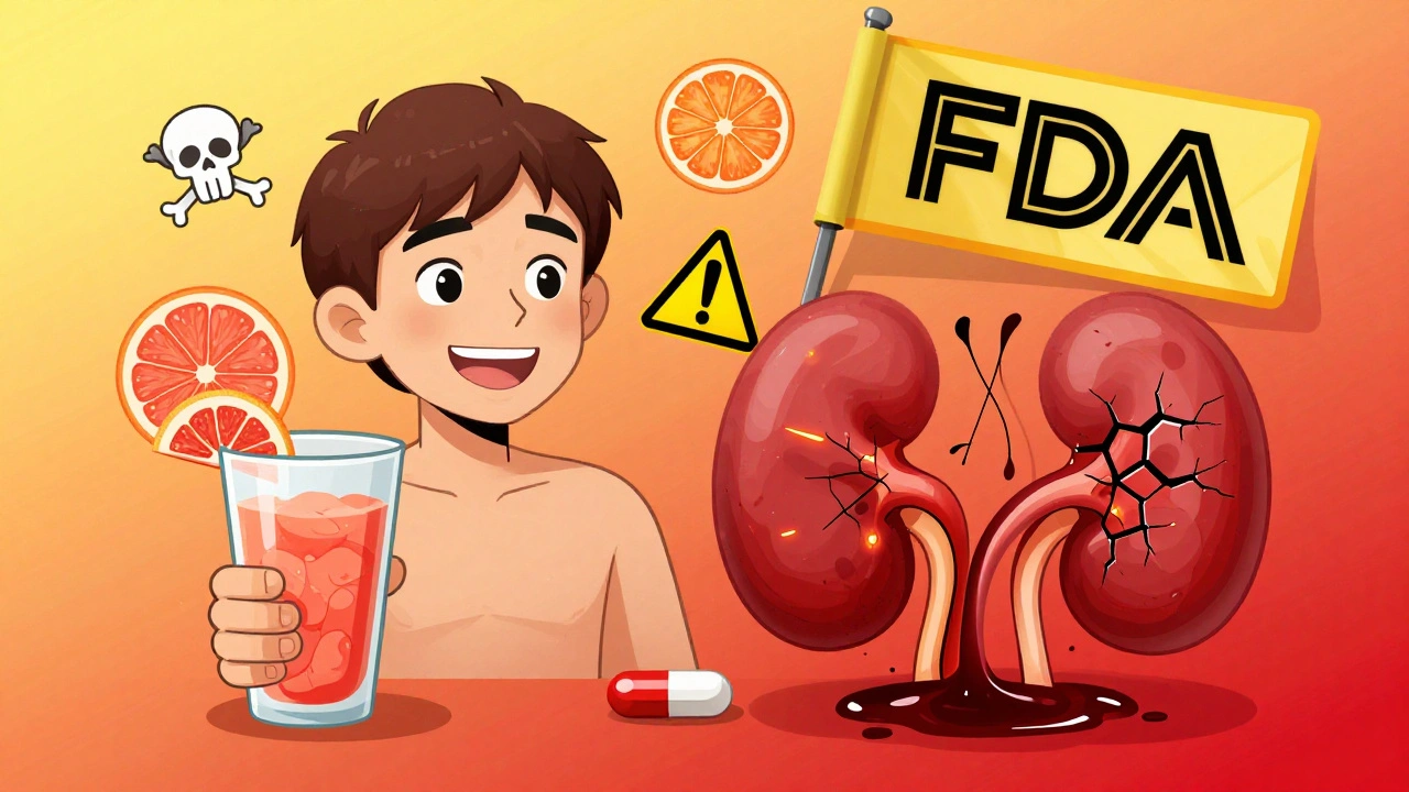 A patient split between enjoying grapefruit with simvastatin and suffering muscle damage, with warning symbols floating around.