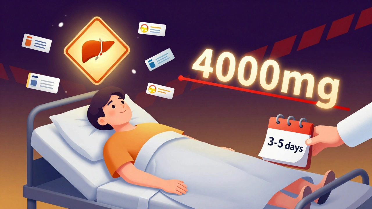 A patient surrounded by warning labels and a daily acetaminophen limit sign, with a doctor placing a short-term use calendar.