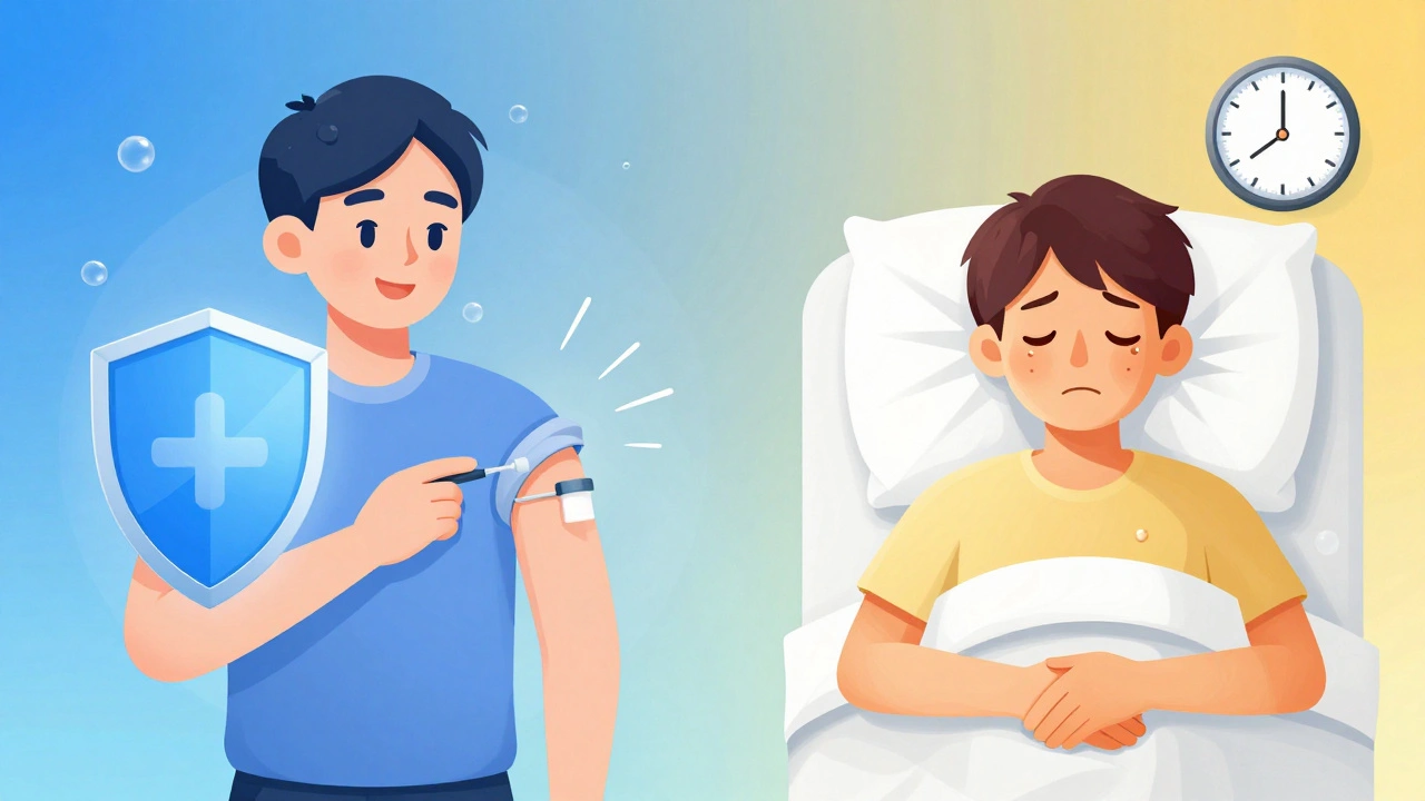 A person getting vaccinated on one side, and a sick person in bed with jaundice on the other, showing prevention vs. illness.