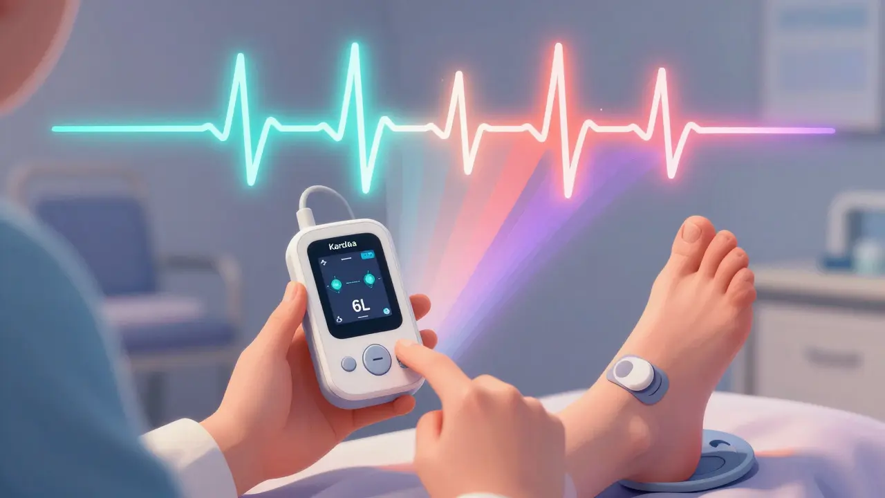 A person using the KardiaMobile 6L with a six-lead ECG waveform floating above in vibrant gradient colors.