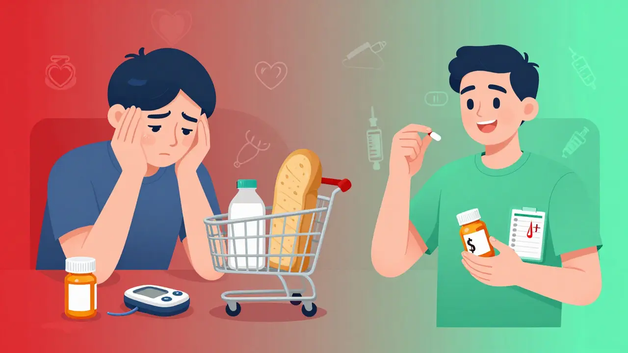 A person with diabetes transitions from stress and empty pills to calm and stable health with affordable generics.