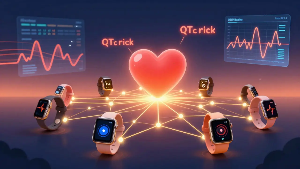 AI neural threads connecting wearable ECG devices to a central heart, with risk alerts in warm gradient hues.